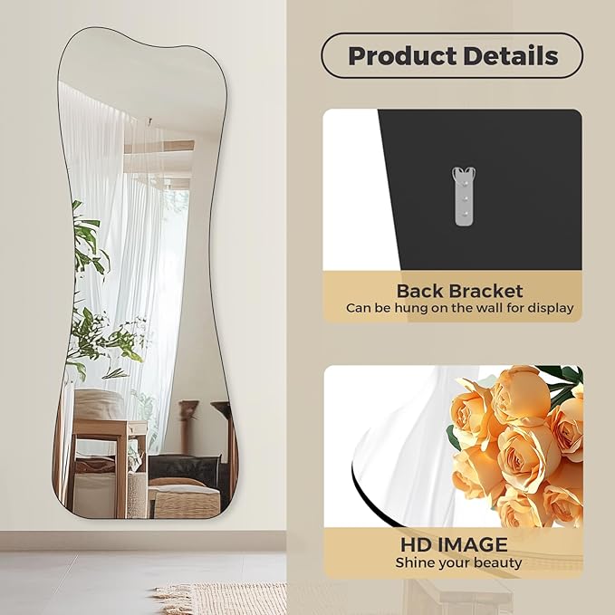 QDSSDECO Full Length Mirror with Bracket 63"x24" Irregular Wall Mirror Vase Frameless for Living Room Bathroom Bedroom Entryway Decor