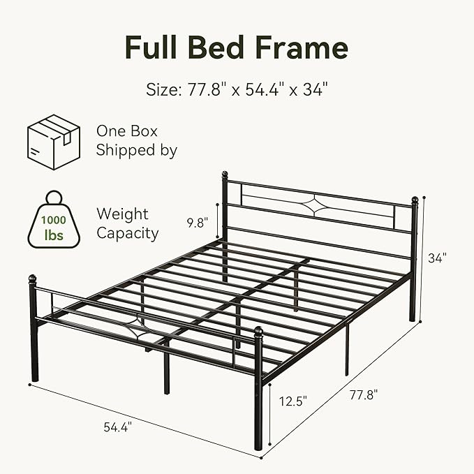 Full Size Metal Platform Bed Frame with Vintage Headboard and Footboard, Sturdy Queen Bed Frame, 12.5 Inch Under Bed Space, No Box Spring Needed, Easy to Assemble, Noise Free, Black