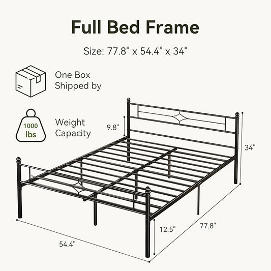 Full Size Metal Platform Bed Frame with Vintage Headboard and Footboard, Sturdy Queen Bed Frame, 12.5 Inch Under Bed Space, No Box Spring Needed, Easy to Assemble, Noise Free, Black