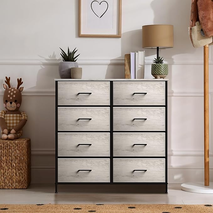 Sorbus Dresser with 8 Faux Wood Drawers - Chest Organizer Unit with Steel Frame Wood Top & Handle Easy Pull Fabric Bins for Clothes - Storage Furniture for Bedroom, Hallway, Living Room & Closet