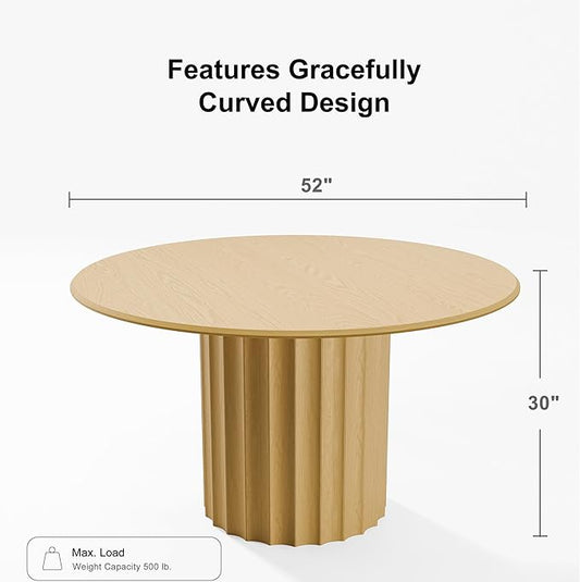 Casaphoria 52" Round Dining Table, Modern Wood Kitchen Table with Cylindrical Wide Bar Concave Base for Living Room & Dining Room, Easy Assembly Farmhouse Furniture for 4-6, Oak