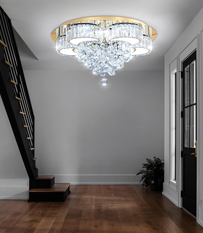 23.6'' Gold Modern Crystal Chandeliers for Dining Room LED Dimmable Light Fixtures Flush Mount Light Living Room Bedrooms