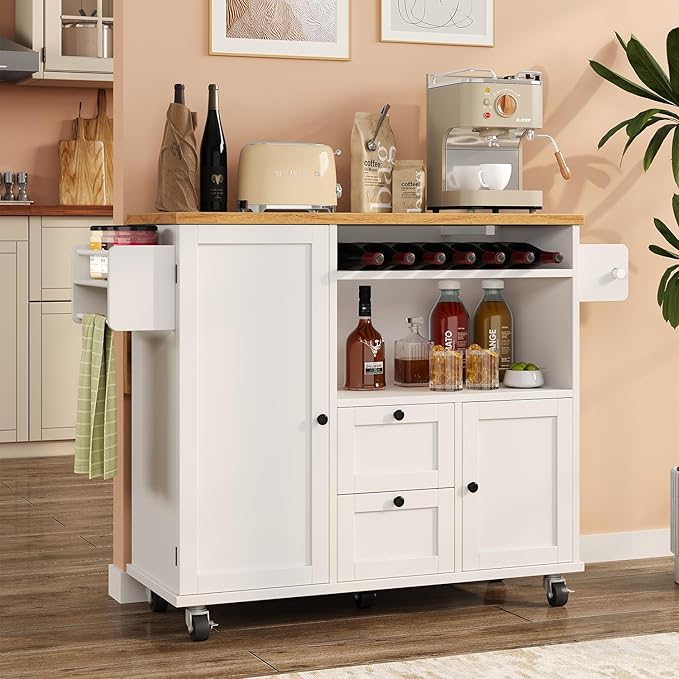 Rolling Kitchen Island with Storage Cabinet, 41.3'' Width Kitchen Cart with Desktop Drop Leaf Countertop, Portable Mobile Island with Towel Rack, Spice Rack Shelf, White