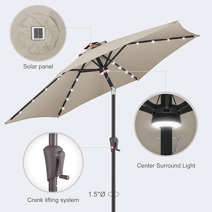 7.5FT Solar Umbrella Outdoor - Lighted Solar Patio Umbrella with 24 LED Lights Waterprool UV Protection, Table Umbrella with Tilt for Pool, Porch, Garden, Deck, Backyard (Taupe)
