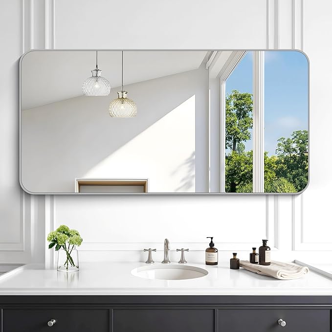 KOCUUY Silver Bathroom Mirror, 24x48 Inch Bathroom Mirror for Over Sink, HD Tempered Glass, Anti-Rust Brushed Silver Frame, Rounded Corner Modern Design for Bathroom, Hang Horizontal/Vertical