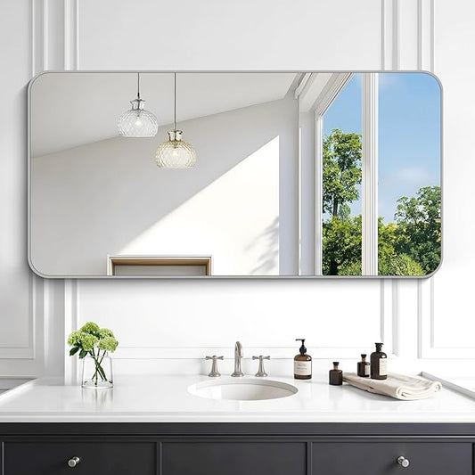 KOCUUY Silver Bathroom Mirror, 24x48 Inch Bathroom Mirror for Over Sink, HD Tempered Glass, Anti-Rust Brushed Silver Frame, Rounded Corner Modern Design for Bathroom, Hang Horizontal/Vertical