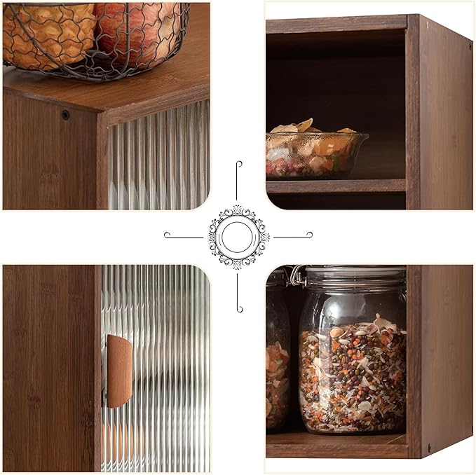 HollyHOME Bamboo Wall Mounted Kitchen Sideboard with 2 Glass Doors and Adjustable Shelves, Freestanding Wall Storage Cabinet with Side Shelf for Bottle, Dish, Bowl, Console Dining Cupboard, Walnut
