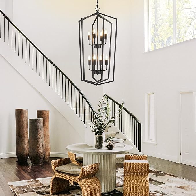 WJShome Black Chandelier, 8-Light Tiered Lantern Pendant Light, Modern Farmhouse Foyer Lighting Fixtures, Large Chandeliers for High Ceilings, for Foyer, Staircase, Entryway