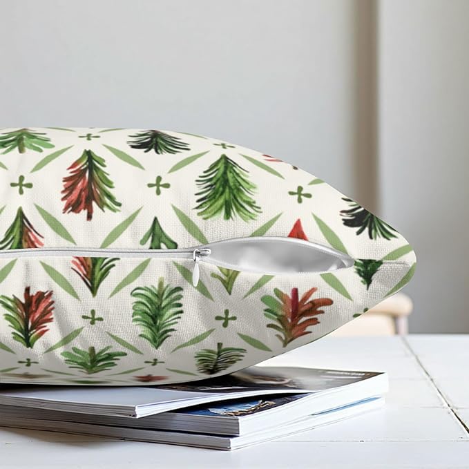 Christmas Throw Pillow Covers 22x22 Set of 2 Watercolor Green Red Xmas Tree Rustic Style Print Decorative Pillow Cases Winter Farmhouse Holiday Outdoor Pillowcase for Couch Sofa Porch