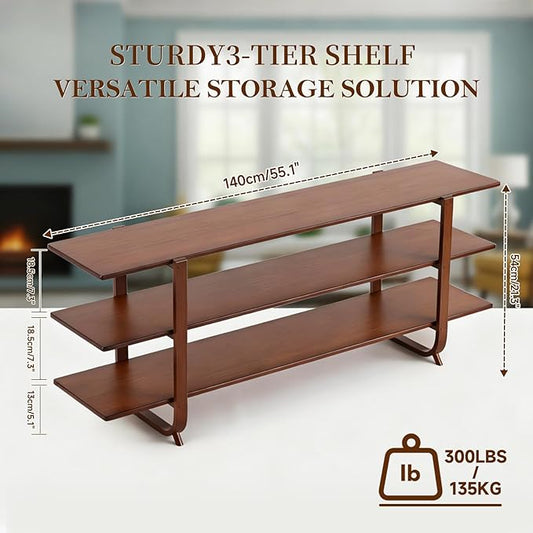 Welnow Bamboo TV Stand for Up to 65 Inch, Mid Century Modern Entertainment Center with 3-Tier Open Shelves, Storage Media Console Table for Living Room, Bedroom, Walnut