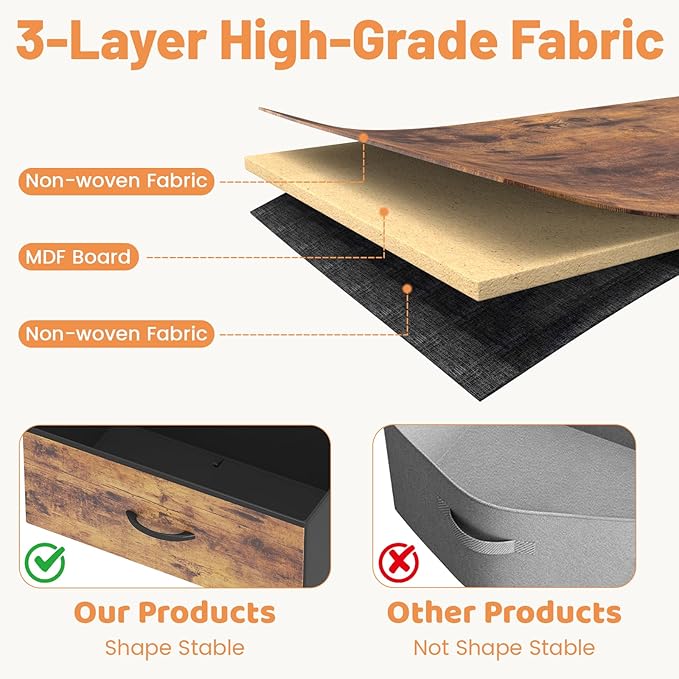 HCHQHS Dresser for Bedroom with 13 Drawers, 47 Inch Fabric Dresser with Remote Control Lights, Side Pockets & Hooks for Closet or Large TV Stand (Rustic Brown)