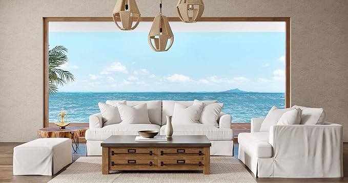 Sunset Trading Newport Slipcovered Recessed Fin Arm Sofa | Moisture and Stain Resistant Performance Fabric | 4 Throw Pillows | White