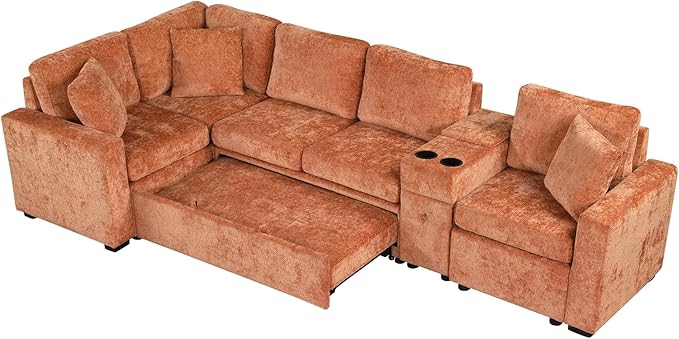 ERYE 120.5-Inch Oversized Sleeper Sectional Sofa W/Pull Out Sleeper Couch Bed, Modern Chenille Upholstered Reversible Modular Sectional Sleeper Sofa with Console & Cupholders | Storage