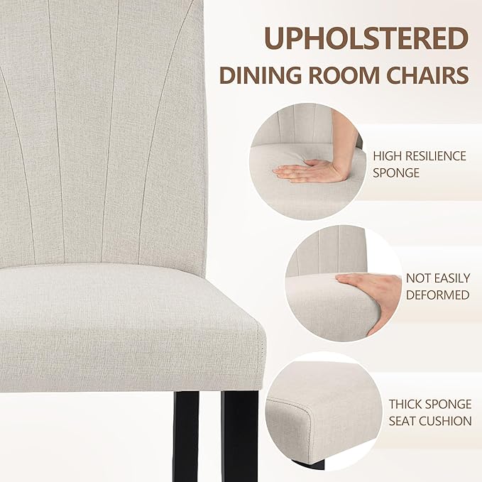 VECELO Upholstered Dining Chairs Set of 2, Modern Fabric and High Back & Solid Wood Legs, Parsons for Kitchen/Living Room- Beige