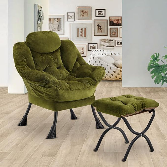 Lazy Chair with Folding Ottoman,Leisure Sofa Chair,Soft Fabric Armchair with Armrests and Side Pockets, Reading Chair with Footrest for Living Room, Bedroom, Office (Plush Green)