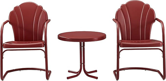 Crosley Furniture Tulip 3-Piece Outdoor Chair and Side Table Set, Retro Metal Patio Conversation Sets, Red