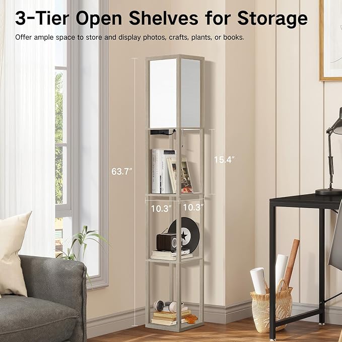 OUTON Floor Lamp with Shelves, LED Shelf Floor Lamp with 1 USB & 1 Type C Ports, 1 AC Outlet, 3 Color Temperature, Storage Display Wood Column Tall Standing Lamp for Living Room, Bedroom Office, Grey