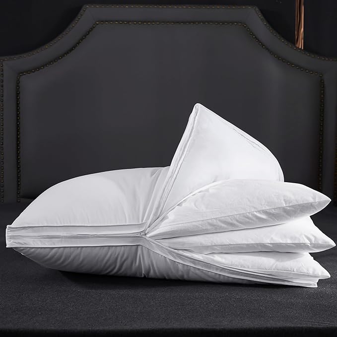 Three Geese Adjustable Layer Goose Feather Pillow,Assemblable Bed Pillow,100% Soft Organic Cotton Cover,Good for Side and Back Stomach Sleeper, Queen Size,Packaging Include 1 Pillow