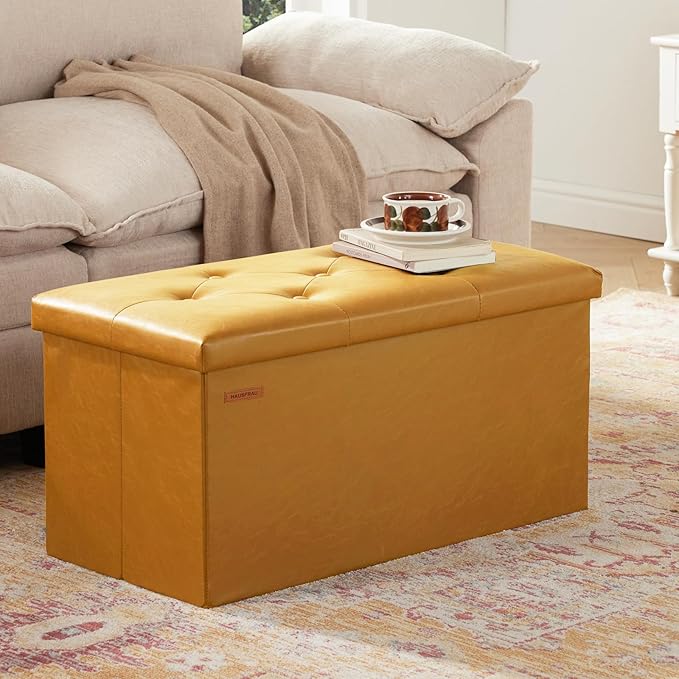 HAUSFRAU - Storage Ottoman Bench, 30 Inches Button Tufted Upholstered Ottoman Footstool with Storage for Living Room Bedroom Entryway, Load 660 lb, Synthetic Leather, Gold Brown