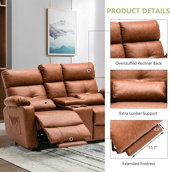 Power Reclining Loveseat with Console, Power Loveseat Recliner Sofa with Heat and Massage, Extending Footrest, RV Recliner Sofa with Lumbar Support, Side Pocket for Living Room