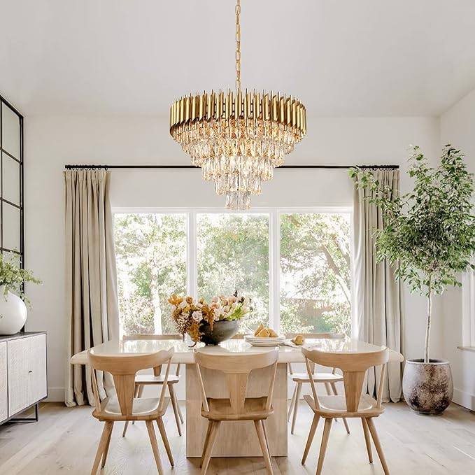 AXILIXI Modern Crystal Chandelier Gold, 24" Round Chandeliers for Dining Room K9 5 Tiers Ceiling Pendant Light Fixtures Golden Large Raindrop Flush Mount Chandelier for Foyer Living Room Staircase