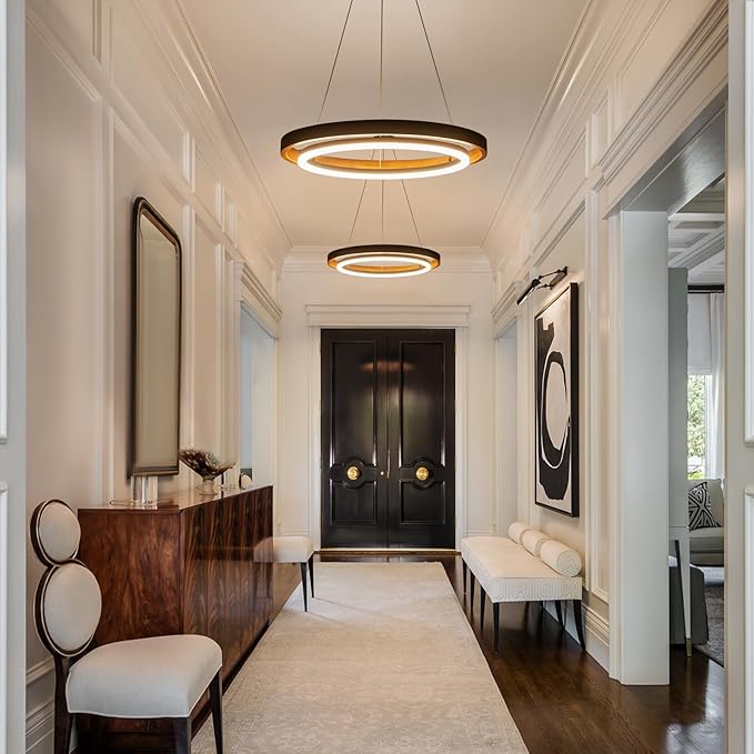 Modern LED Wooden Chandelier, 24" Dimmable 1-Ring Round Farmhouse Walnut Color Circular Dining Room Light Fixtures for Entryway Kitchen Foyer Living Room