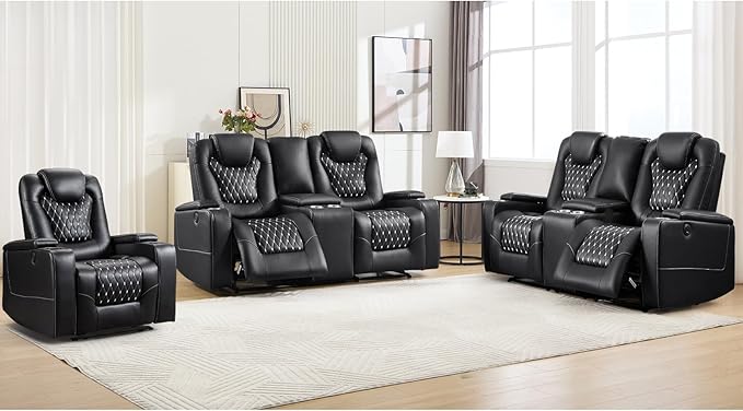 ANJ Power Recliner Sofa Set, Faux Leather Reclining Living Room Furniture Set, Included Single Recliner Chair and 2PC Loveseat Sofa, Black