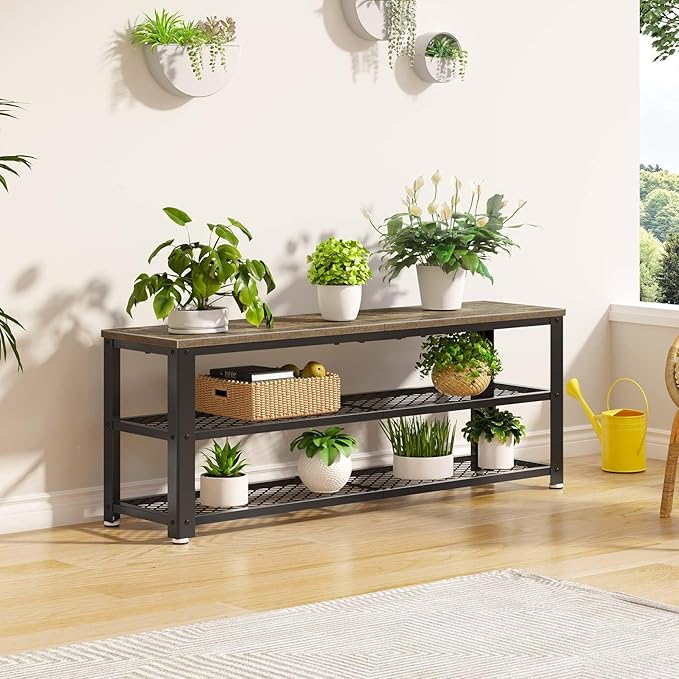 Rolanstar Shoe Bench, 3-Tier Shoe Rack, 39.4” Storage Entry Bench with Mesh Shelves Wood Seat, Rustic Foyer Bench for Hallway Front Door, Doorway, Living Room, Mudroom, Steel Frame, Gray