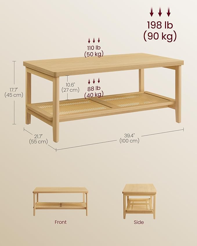 VASAGLE 2-Tier Coffee Table for Living Room, Rectangular Living Room Table, with PVC Rattan Storage Shelf, Rounded Corners, Easy Assembly, Boho Style, 21.7 x 39.4 x 17.7 Inches, Oak Beige ULCT240Y57