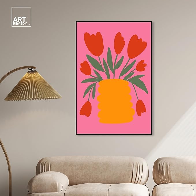 Art Remedy Bright Romantic Tulips Canvas Boho Colorful Wall Art, Black Frame, 30" x 45"