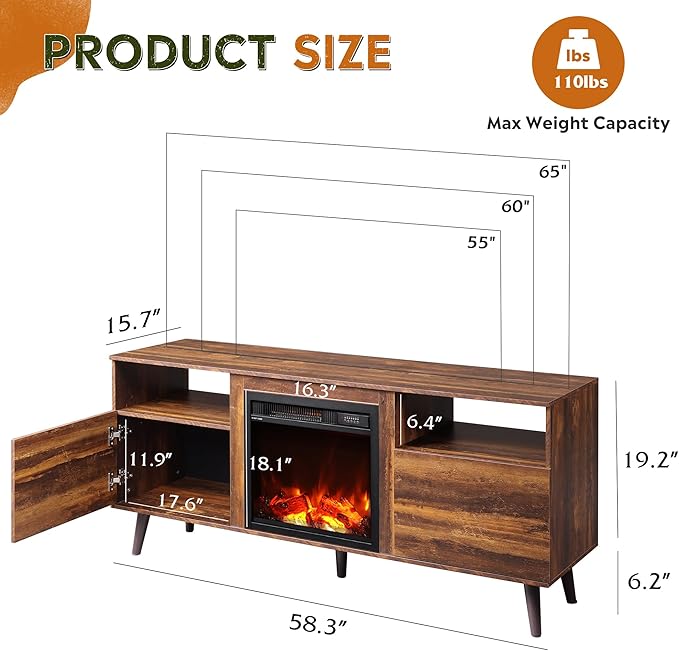 WLIVE Fireplace TV Stand for 55 65 Inch TV, Mid-Century Entertainment Center with Electric Fireplace, Media TV Console with Extra Open Shelf & Storage Cabinets for Living Room Bedroom, Rustic Brown