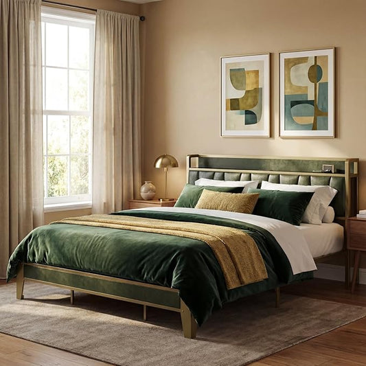 LIKIMIO California King Bed Frame, Storage Headboard with Charging Station, Solid and Stable, Noise Free, No Box Spring Needed, Easy Assembly (Dark Green)