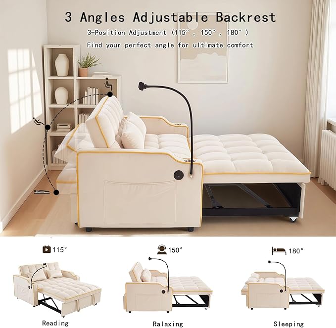 Convertible Sofa Bed, 3 in 1 Futon Sofa Bed with USB Charging Ports, Cup Holder, Phone Stand & Pocket, Modern Upholstered Sleeper Sofa for Living Room, Apartment or Small Space (Beige-L)