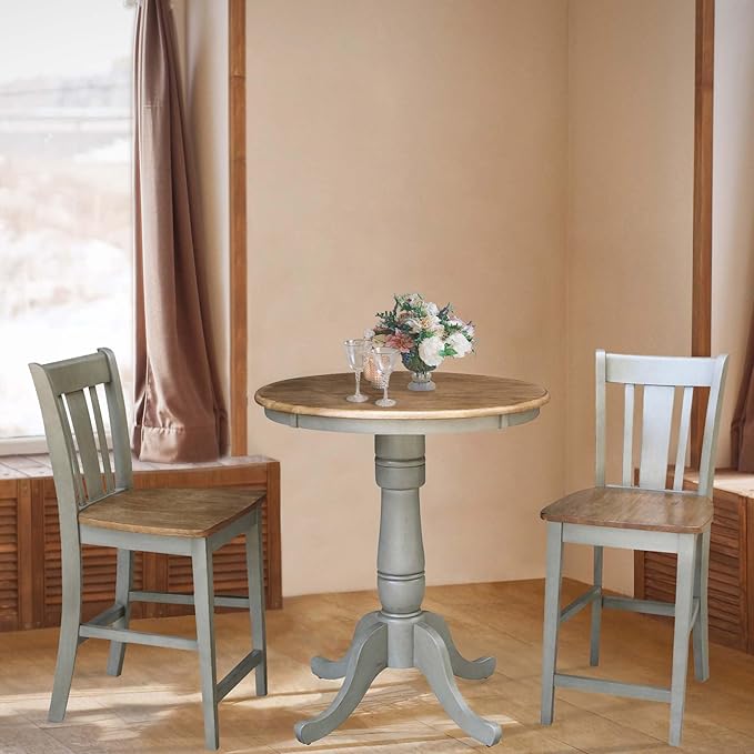 IC INTERNATIONAL CONCEPTS 30" Round Solid Wood Distressed Hickory/Stone Counter Height Table with 2 Stools