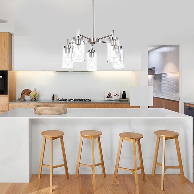 5 Lights Brushed Nickel Chandelier Modern Industrial Dining Room Light Fixtures with Clear Glass, Farmhouse Pendant Lighting Fixtures Ceiling Hanging Adjustable for Kitchen Island Living Room