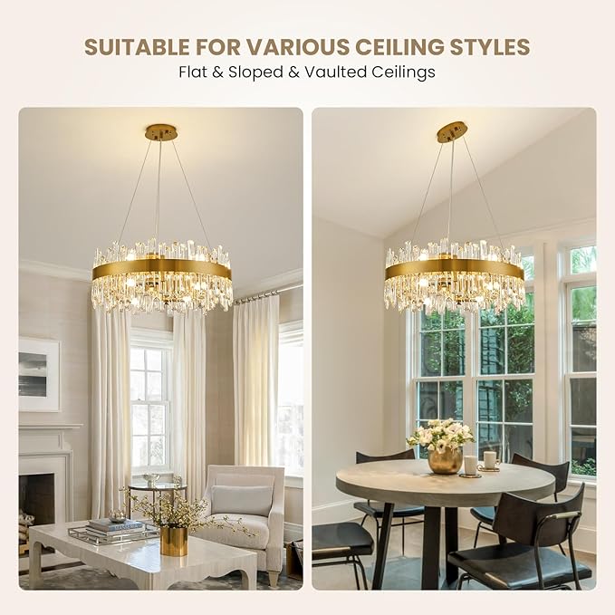 CROSSIO Modern Crystal Chandelier for Dining Room, 12-Light Luxury Gold Flush Mount Crystal Ceiling Light 2-Tiers K9 Crystal Raindrop Chandelier for Living Room Kitchen Entryway Foyer D23.6''