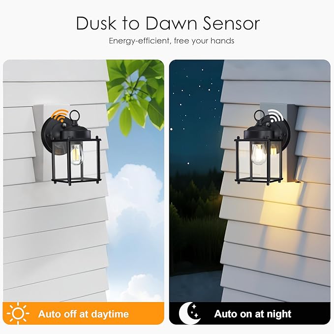 GRUENLICH Dusk to Dawn Outdoor Wall Lantern, Exterior Wall Sconce Light Fixture, Wall Mount, Outside Porch Lighting with Clear Glass for House, Patio, Matte Black, 2 Pack