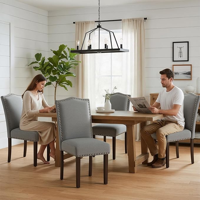 Dining Chairs Set of 4, Soft Comfortable Upholstered Parsons Dining Chairs with High-Density Cushion & Solid Wood Legs, Elegant Nailhead Trim for Dining Room, Kitchen, Living Room – Grey