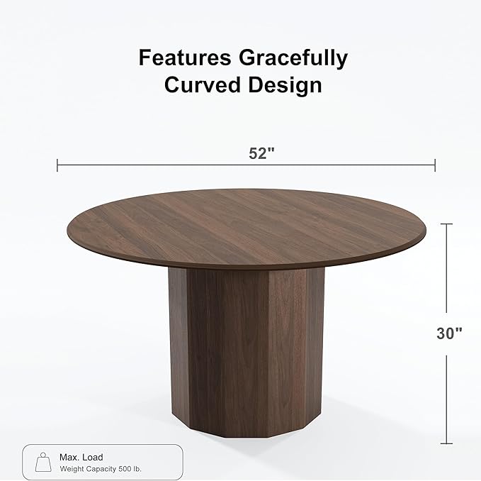 Casaphoria 52" Round Dining Table, Modern Wood Kitchen Table with Cylinder Polygonal Base for Living Room & Dining Room, Easy Assembly Farmhouse Furniture for 4-6, Walnut