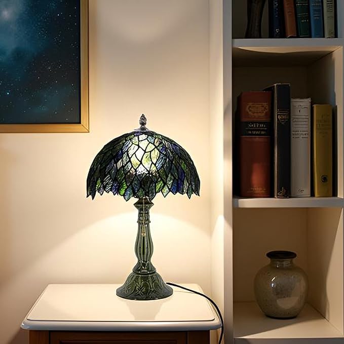 Tiffany Lamp Stained Glass Table Lamps Multicolor Leafage Style Desk Lamp 12X12X18.5 Inch Bronze Ceramic Base Reading Light Suitable for Bedside Bedroom Living Room Dining Room Office