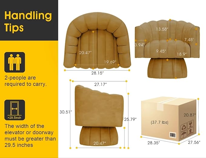 Modern 360 Degree Leather Swivel Cuddle Barrel Accent Sofa Chairs, Round Armchairs with Wide Upholstered, Leather Reading Chair for Living Room, Bedroom, Office, Waiting Rooms, (Mustard)