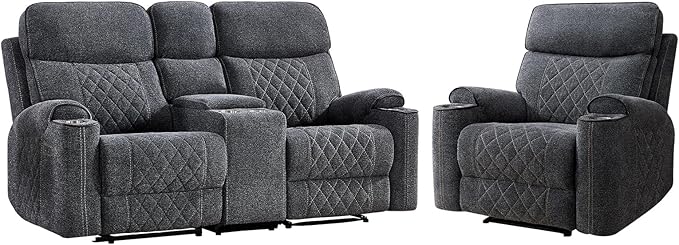 EBELLO Power Reclining Sofa Set, Fabric Electric Recliner Chair and Loveseat Sofa with Cup Holders, USB and Type-C Charging Ports and Storage Space, 3 Seats for Small Living Room, Grey