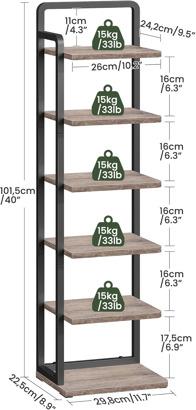 6-Tier Vertical Shoe Rack, Narrow Shoe Tower, Corner Shoe Storage Organizer, Shoe Shelf, for Small Spaces, Industrial Style, for Entryway, Hallway, Living Room, Greige and Black TXJ06BG