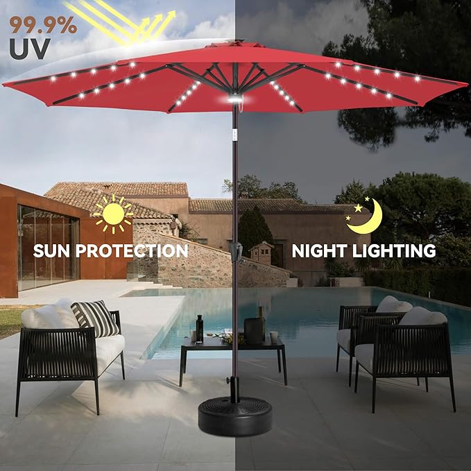 10ft Solar Umbrella Outdoor - Lighted Solar Patio Umbrella with 40 LED Lights Waterprool UV Protection, Table Umbrella with Tilt for Pool, Porch, Garden, Deck, Backyard (Red)