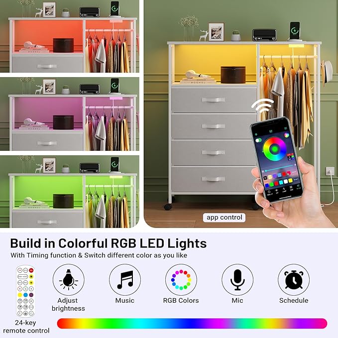 Fabric Dresser with Clothes Rack, 4 Drawers Dresser for Bedroom with Charging Station and LED Lights, Chest of Drawers with Wheels, Steel Frame, Wood Top, for Bedroom, Closet, White