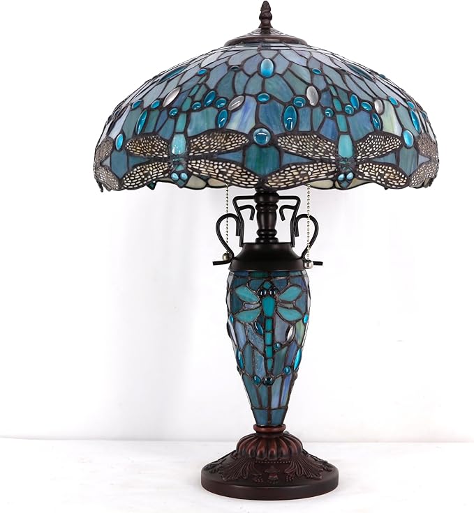 WERFACTORY Tiffany Table Lamp Sea Blue Stained Glass Dragonfly Style 16X16X24 Inches Mother-Daughter Vase Desk Reading Light Decor Bedroom Living Room Home Office S147 Series