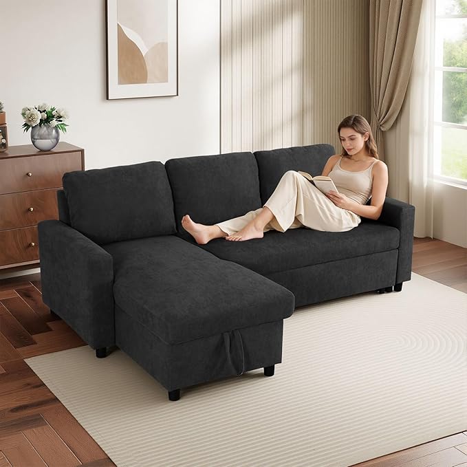 Yafylly L-Shaped Sleeper Sofa with Chaise Lounge & Storage, Pull-Out Couch Bed with Recliner, Full Size Futon for Living Room, Office, Apartment Black