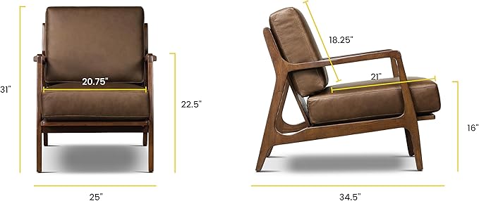 Poly & BARK Verity Leather Accent Chair – Armchair with Walnut Wood Frame – Fashion-Forward Lounge Seating for Living Room – Upholstered in Cocoa Brown Leather for Modern Style