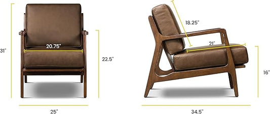 Poly & BARK Verity Leather Accent Chair – Armchair with Walnut Wood Frame – Fashion-Forward Lounge Seating for Living Room – Upholstered in Cocoa Brown Leather for Modern Style