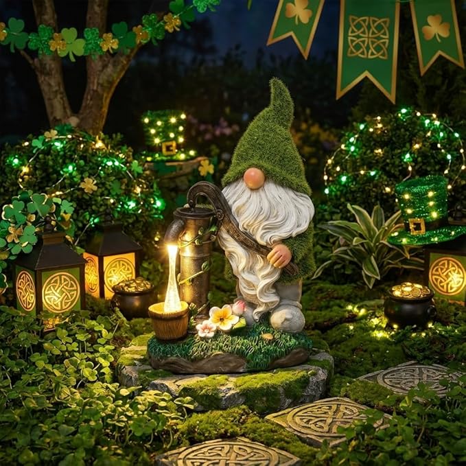 TERESA'S COLLECTIONS Garden Outdoor Decor, Garden Gnomes Decor with Solar Lights, St Patricks Decorations for Outdoor Decor, Waterproof Resin Decorations for Porch Patio, Gift for Dad and Mom, 9"